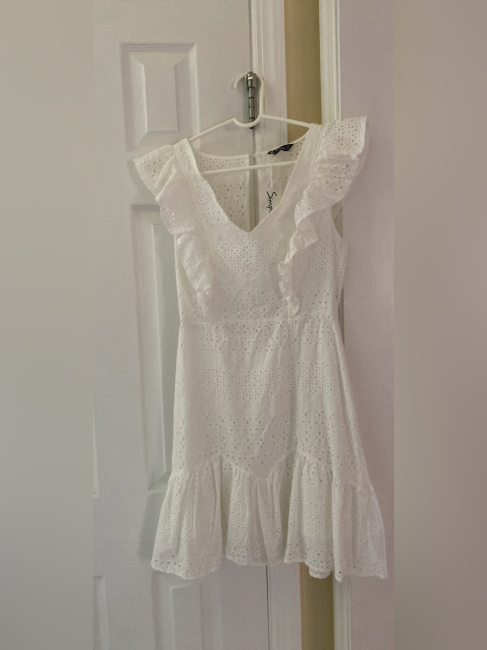 Simplee Apparel White Eyelet Ruffle V-Neck Dress